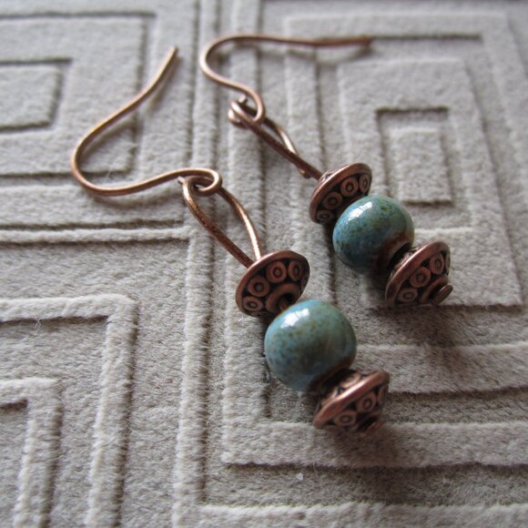 Artisan Handmade Copper & Turquoise Bead Dangle Earrings – Boho Chic Style - Picture 2 of 3